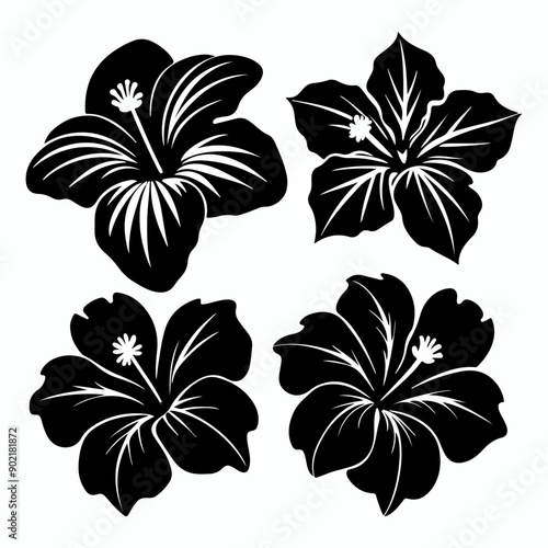 Set of tropical hibiscus Flower silhouettes, Hibiscus icon set, Hibiscus flower vector illustration set.