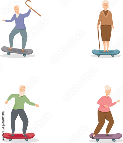 Collection of illustrations featuring energetic elderly individuals enjoying skateboarding