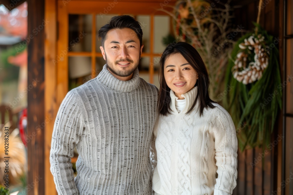Couple posing for a holiday photo in front of a cozy cabin. Couple posing for a holiday photo in front of a cozy cabin.