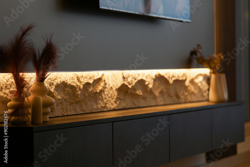 modern floating TV media console dark room ambient LED light