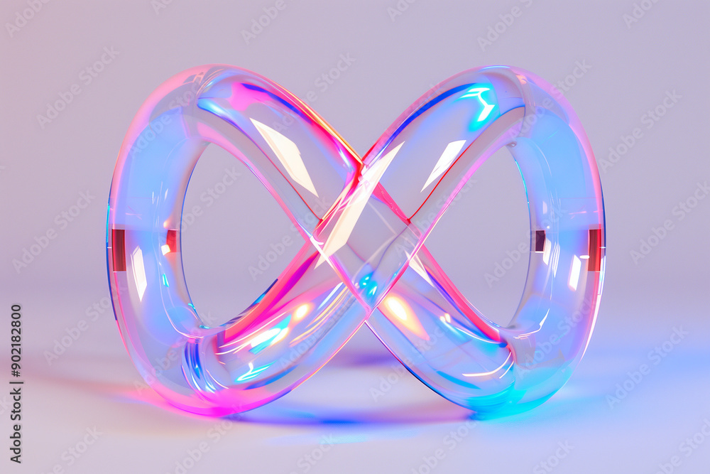 Glass infinity symbol reflects vibrant colors against a soft backdrop Glass infinity symbol reflects vibrant colors against a soft backdrop