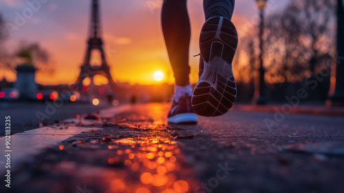 Jogging Along the Seine River With a View of the Eiffel Tower at Sunset photo