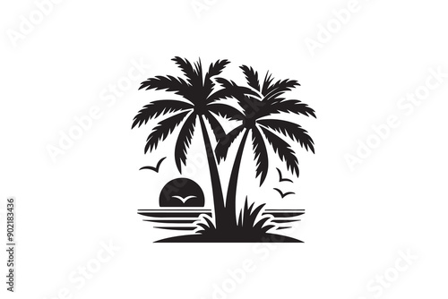 create a coconat tree logo silhouette vector with white background