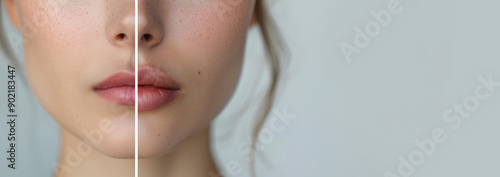 Banner template: Before and after lip filler injections. Close-up of lip augmentation. Plastic surgery.