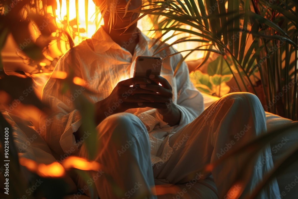 Obraz premium Silhouetted Person Using Phone in Tropical Setting