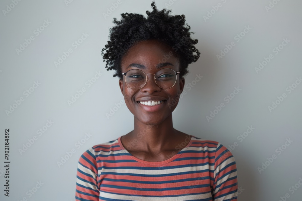 Happy Woman with Curly Hair and Glasses, Smiling at the Camera Happy Woman with Curly Hair and Glasses, Smiling at the Camera