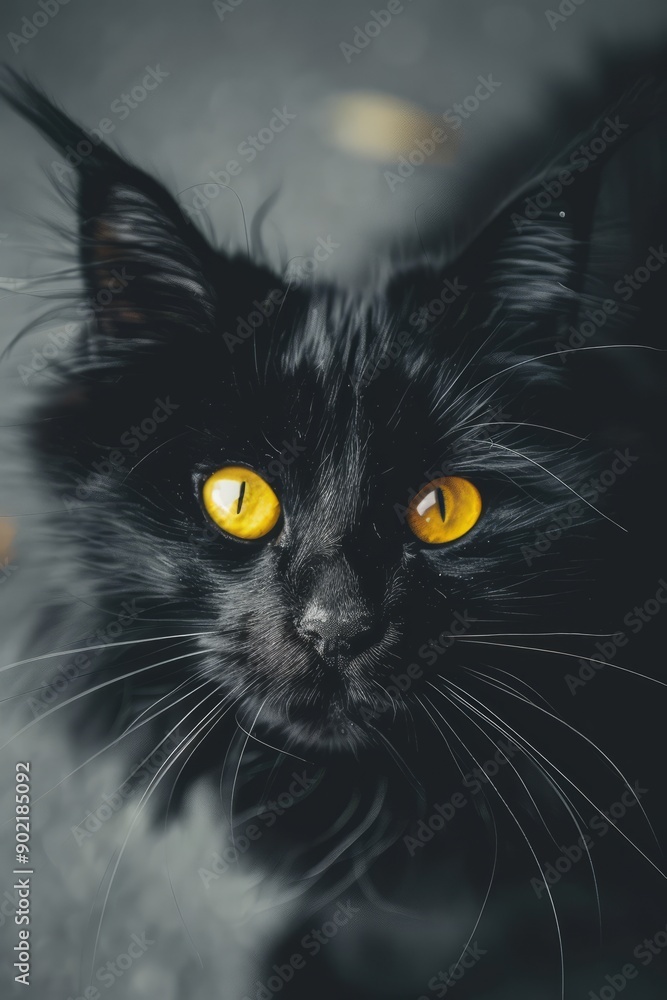 A vertical closeup shot of a cute black cat with yellow eyes looking at the camera A vertical closeup shot of a cute black cat with yellow eyes looking at the camera