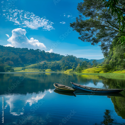 Serene Landscape Featuring a Tranquil Lake Surrounded by Lush Greenery and Gently Rolling Hills