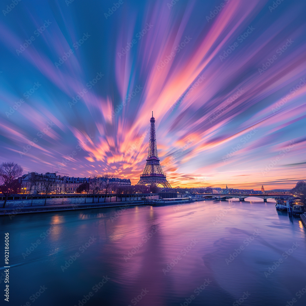 Obraz premium The Eiffel Tower by the Seine River at sunset