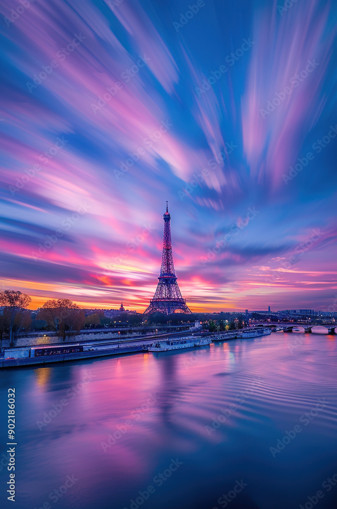 Fototapeta premium The Eiffel Tower by the Seine River at sunset