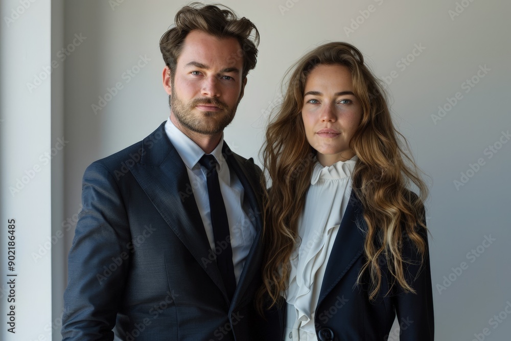 Professional Couple in Business Attire, Smiling and Posing for a Portrait Professional Couple in Business Attire, Smiling and Posing for a Portrait
