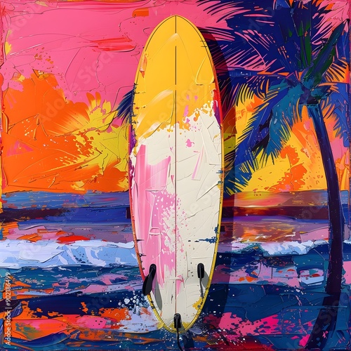 Vibrant Pop Art Surfboard with Colorful Graphic Patterns and Dynamic Wave Motif Against Tropical Beach Backdrop photo