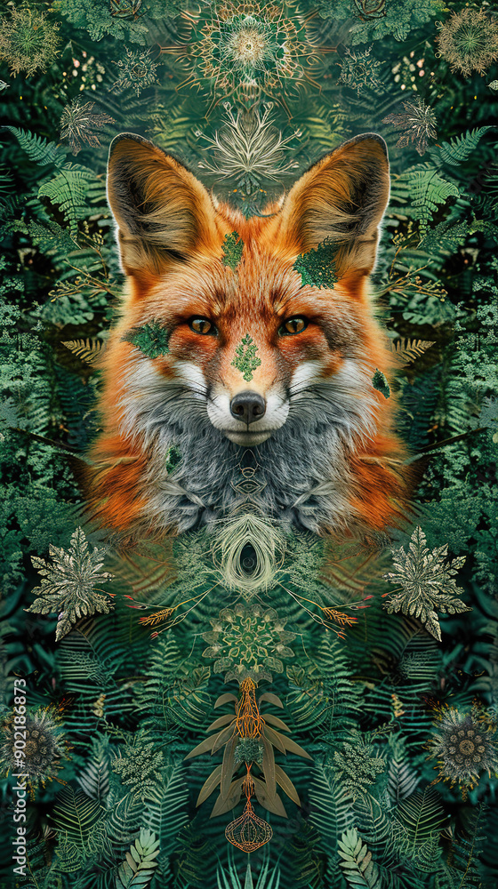 Obraz premium Fox Amidst fractal forest, divine sacred spirit
