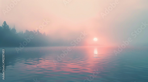 Ethereal Coral Sunrise Over Misty Lake photo