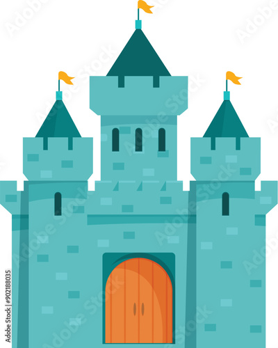 Classic medieval stone castle is brightly colored with flags flying