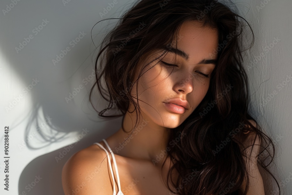 Serene Woman with Closed Eyes, Soft Lighting, and Necklace, Resting on Wall Serene Woman with Closed Eyes, Soft Lighting, and Necklace, Resting on Wall
