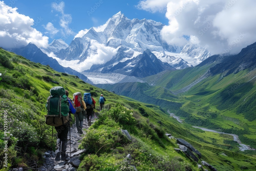 Hikers Trekking Through Alpine Valley with Majestic Snow-Capped Mountains in the Background Hikers Trekking Through Alpine Valley with Majestic Snow-Capped Mountains in the Background