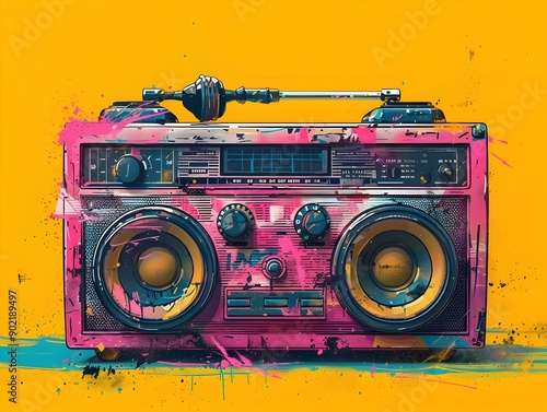 Retro-Inspired Pop Art Boombox with Bold Vibrant Graphic Composition and Vintage Aesthetic photo