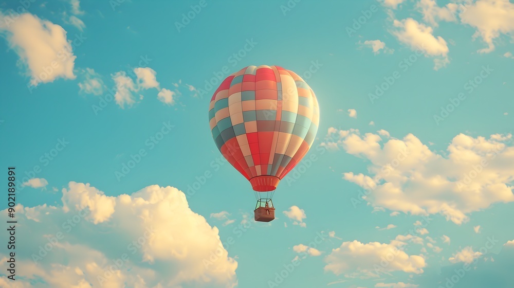 Naklejka premium Whimsical and Colorful Pop Art Hot Air Balloon Floating in Dreamlike Cloud Scenery