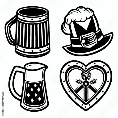 Set of Oktoberfest food and symbols Festival Elements silhouette with Beer fest round badges, Oktoberfest festival design elements.
