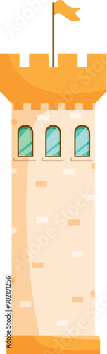 Cartoon illustration of a medieval stone tower with a flag waving in the wind