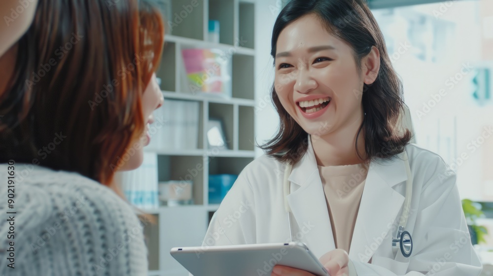 Female asian smiling doctor showing digital tablet screen to patient, explaining checkup result, medical screening, giving consultation on appointment at medical clinic, close up Female asian smiling doctor showing digital tablet screen to patient, explaining checkup result, medical screening, giving consultation on appointment at medical clinic, close up