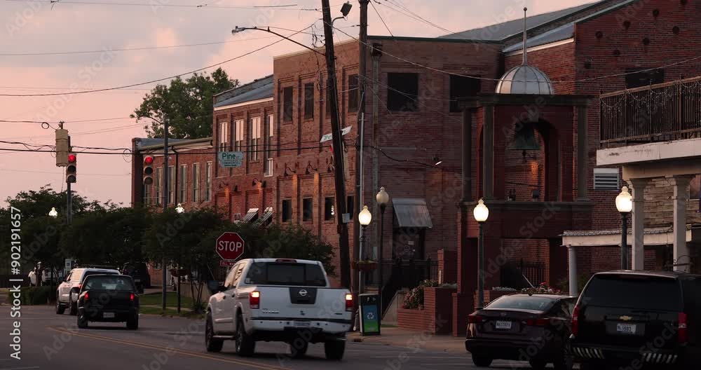 Sunset view of traffic passing through historic downtown West Monroe, Louisiana, USA. Sunset view of traffic passing through historic downtown West Monroe, Louisiana, USA.
