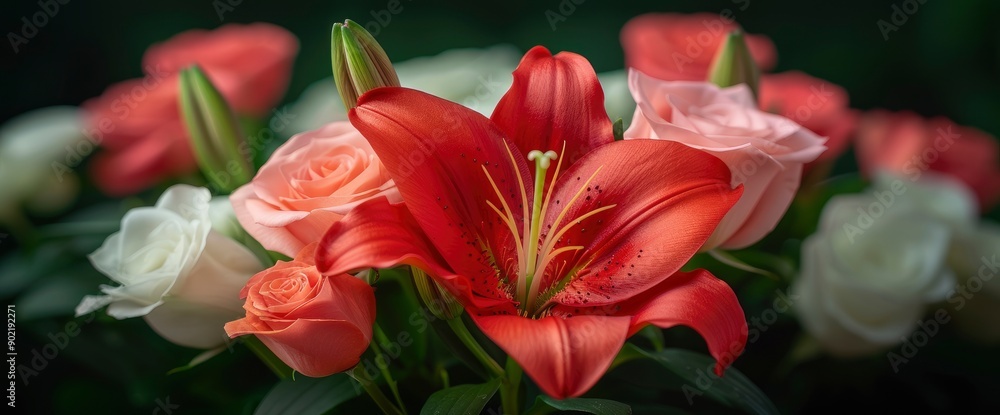 Beautiful Red Lily Flower And White Roses In A Bouquet, Symbolizing Love And Beauty Beautiful Red Lily Flower And White Roses In A Bouquet, Symbolizing Love And Beauty