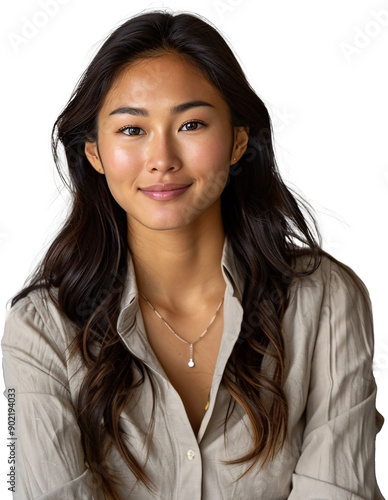 A woman with long hair and a necklace is smiling