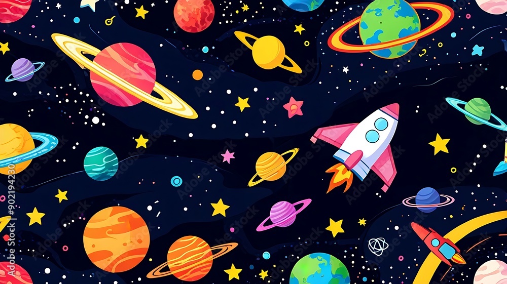 Planets, stars, rockets in vibrant space background. Perfect for science fiction book covers, educational materials, or astronomythemed designs.