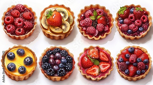 Whole Round Tart with Berry, Fruit, and Chocolate Filling—Cartoon Vector Illustration of Delicious Pie with Jam and Dough Crust