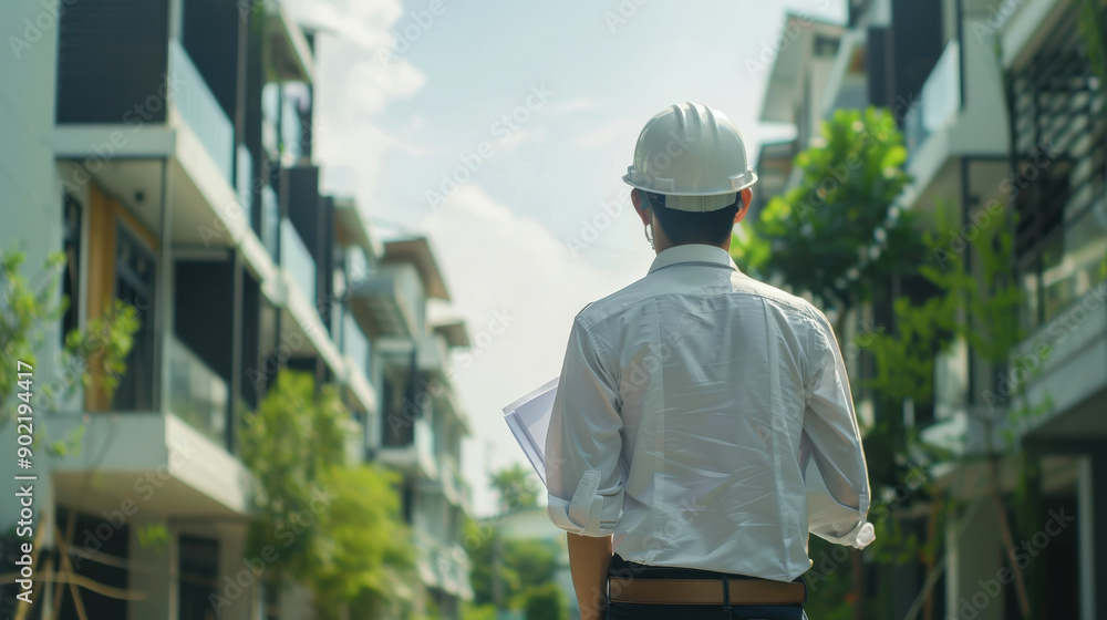 Engineer Inspecting Modern Residential Complex. Engineer Inspecting Modern Residential Complex.