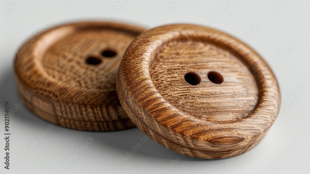 Two buttons made of wood on a white background Two buttons made of wood on a white background