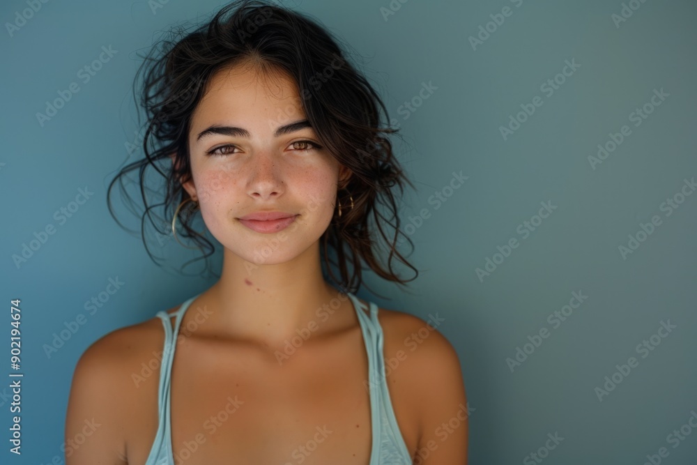 Smiling Woman with Messy Hair and Tank Top against Blue Wall Smiling Woman with Messy Hair and Tank Top against Blue Wall