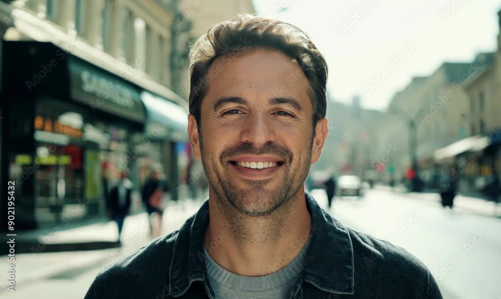 Portrait of a handsome man smiling in a city street. Shallow depth of field. Portrait of a handsome man smiling in a city street. Shallow depth of field.