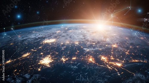 Superb Earth space planet galaxy stars universe orbit sun moon clouds sunrise atmosphere