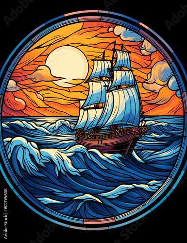A large ship sailing on the sea, surrounded by blue waves and clouds in the style of stained glass vector flat art vintage design