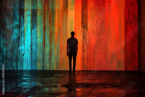 Lone Figure Silhouetted Against Colorful Graffiti Wall