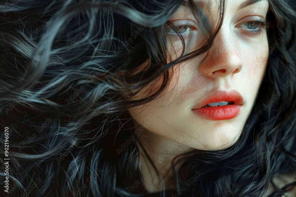 Mystical beauty with captivating gaze and flowing hair, set against a dark, moody background. Mystical beauty with captivating gaze and flowing hair, set against a dark, moody background.