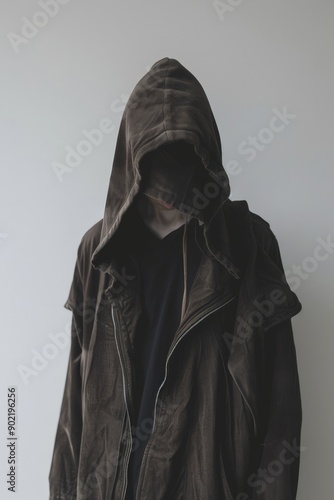 Cloaked figure in hooded jacket, facing away, hands in pockets, against neutral background.