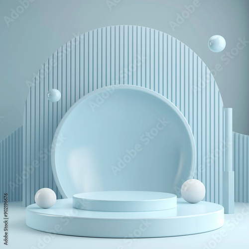 Sky Blue Podium with Spheres and Striped Backdrop