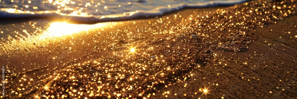 Glittering gold sand grains and water wave. Golden reflection of the sunset in the sand on the beach. Shiny background Glittering gold sand grains and water wave. Golden reflection of the sunset in the sand on the beach. Shiny background