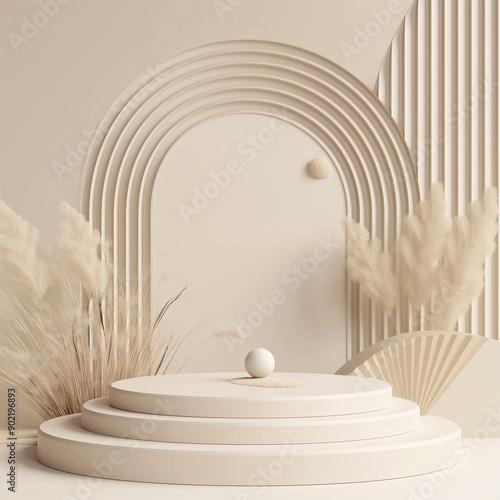Beige Podium with Plants and Arched Lines
