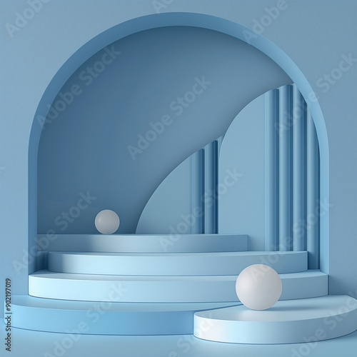 Blue Podium with Arch and Spheres
