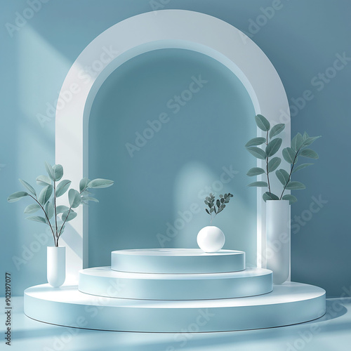 Blue Podium with White Vases and Green Plants