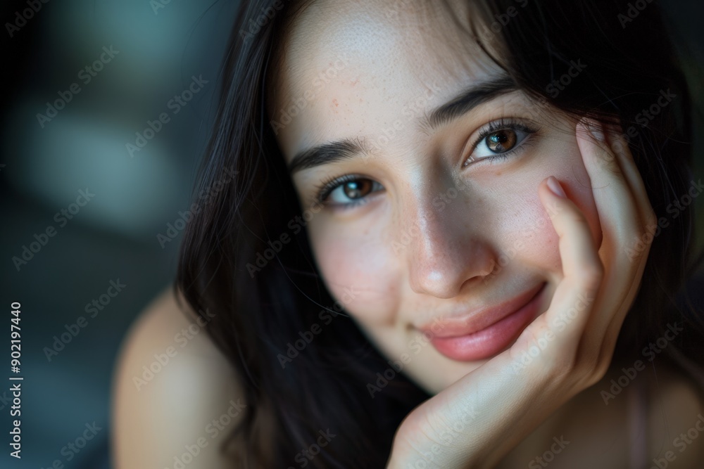 Smiling Woman with Hand on Face, Casual and Content Smiling Woman with Hand on Face, Casual and Content