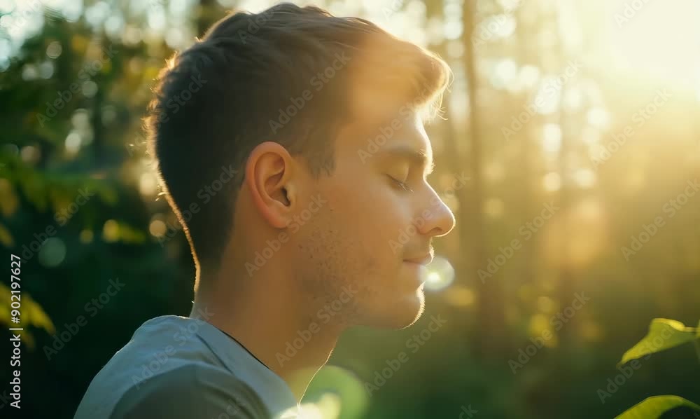 Portrait of a handsome young man with closed eyes in the forest Portrait of a handsome young man with closed eyes in the forest