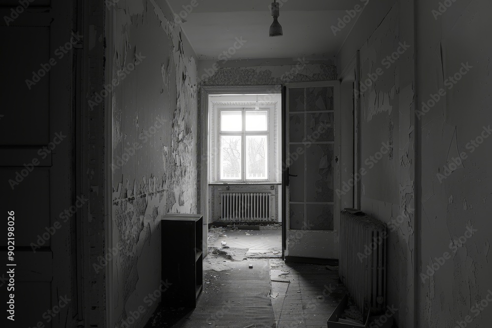 Obraz premium Abandoned room with peeling wallpaper and a large open doorway.