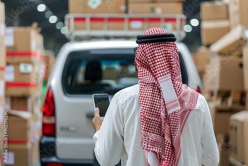 Saudi Gulf Arab man wearing a traditional white thobe and red shemagh, using smartphones for scan address, boxes in the car as background, shopping and ordering products online.