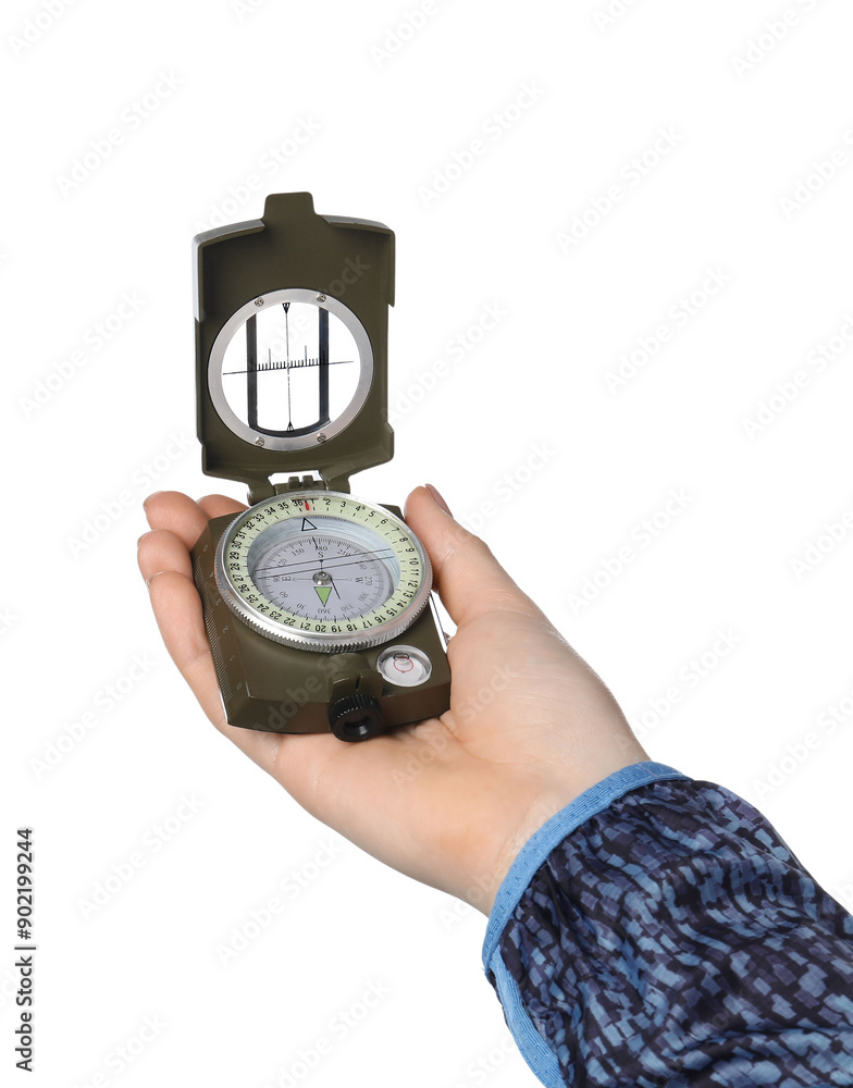 Woman holding compass on white background, closeup Woman holding compass on white background, closeup